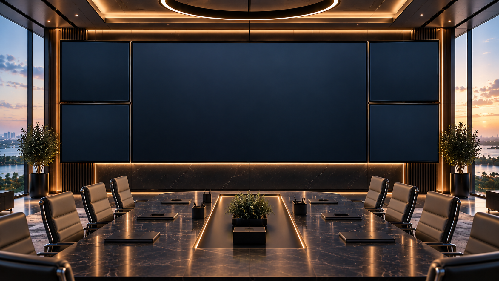 A boardroom at dusk: one large wall screen with four smaller screens beside it, above a conference table.
