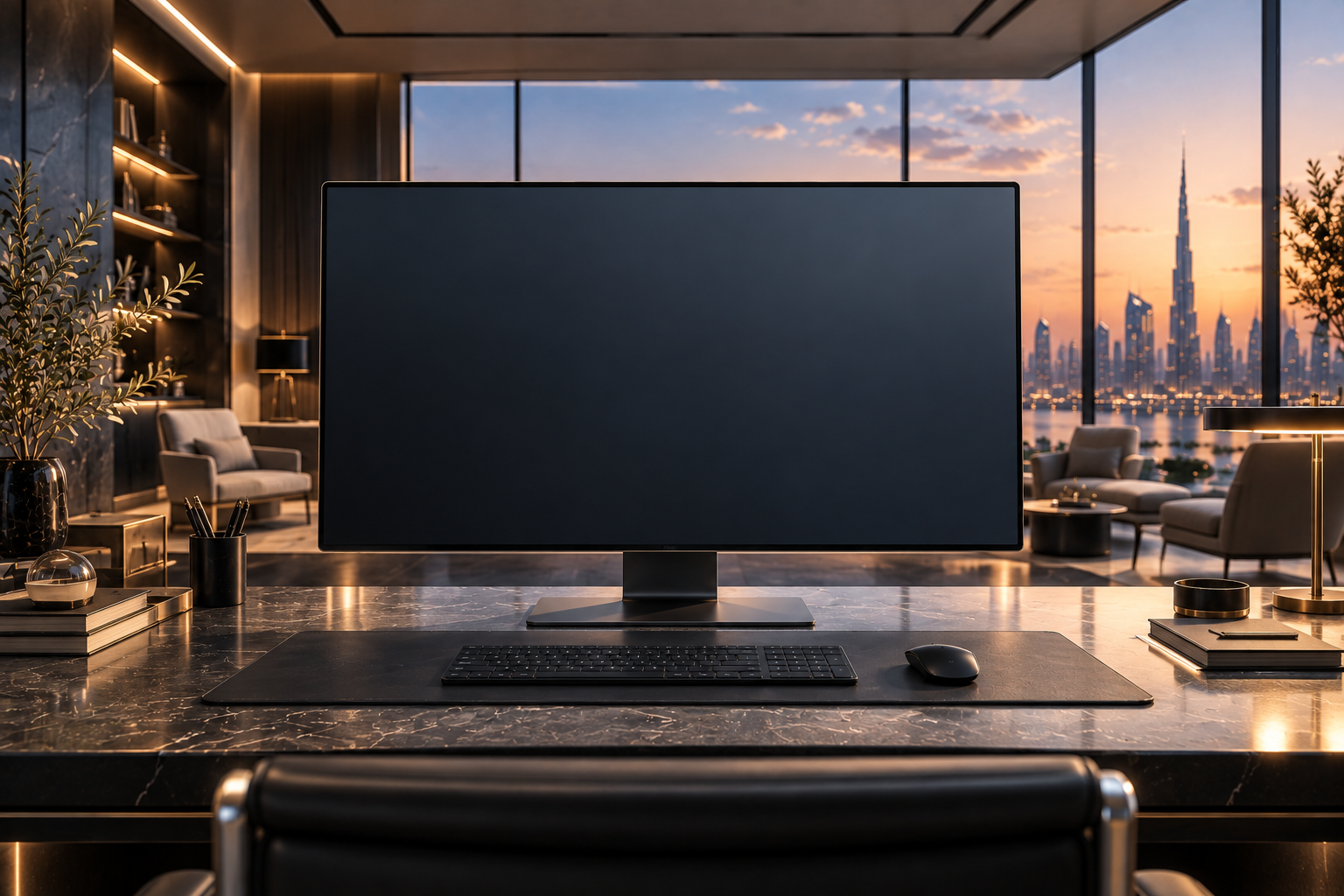 An executive office at dusk with a large monitor on the desk.