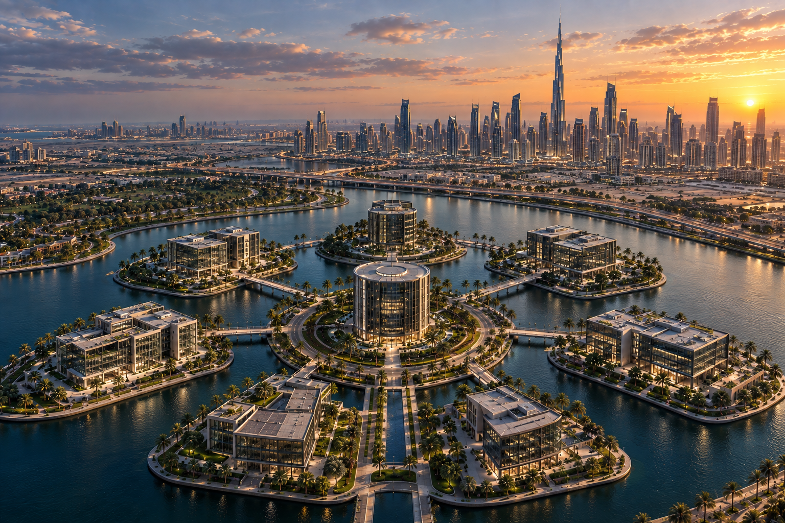 An aerial view of a business district: six island developments arranged around one central tower.