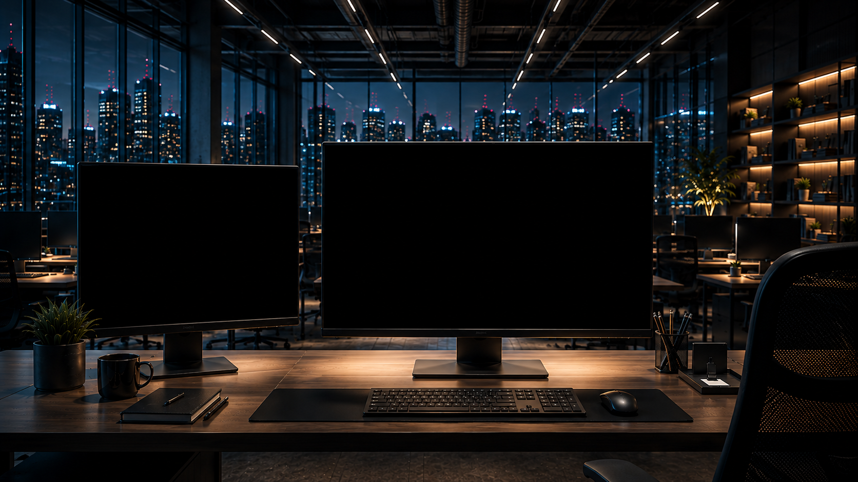 A studio at night: two blank monitors on a desk, a city beyond the glass.